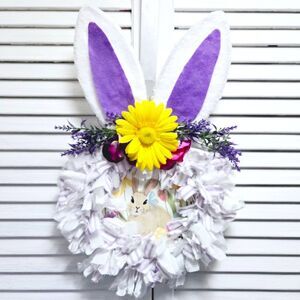 Hand Crafted Easter Bunny Rabbit Fabric Rag Wreath, Purple & White, Bunny Sign